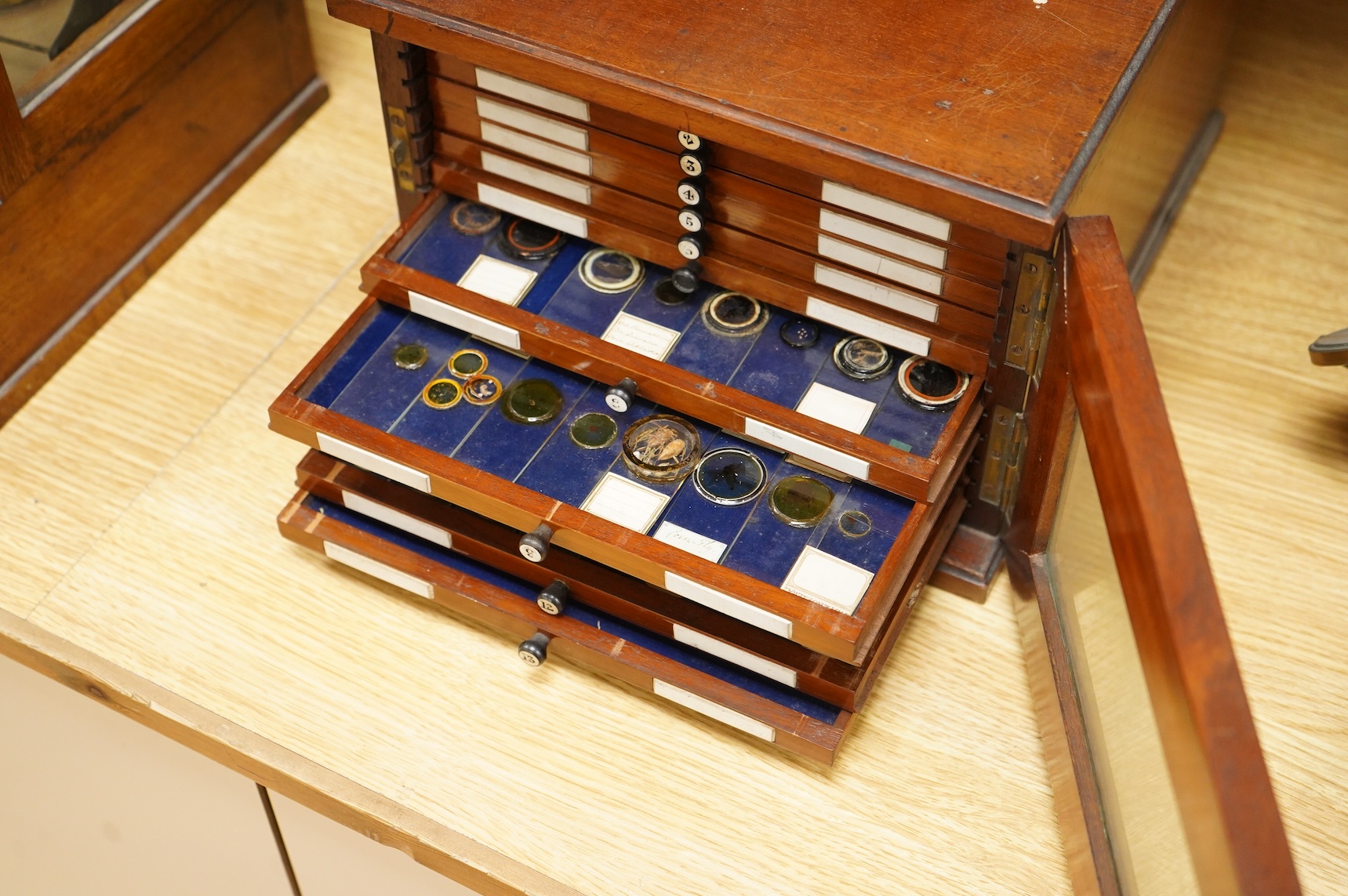 A 19th century mahogany cased slide box, fitted with 13 slide trays, housing approximately 290 slides of mineral, plant, animal and fossil specimens, 26cm wide, 19cm high, 29.5cm deep CITES Submission reference 514GC1XX